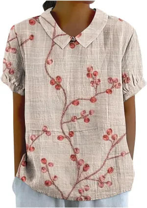Linen Shirt for Womens Summer Tops Dressy Casual Printed V Neck Blouse Loose Fit Short Sleeve T Shirt Plus Size M-5xl