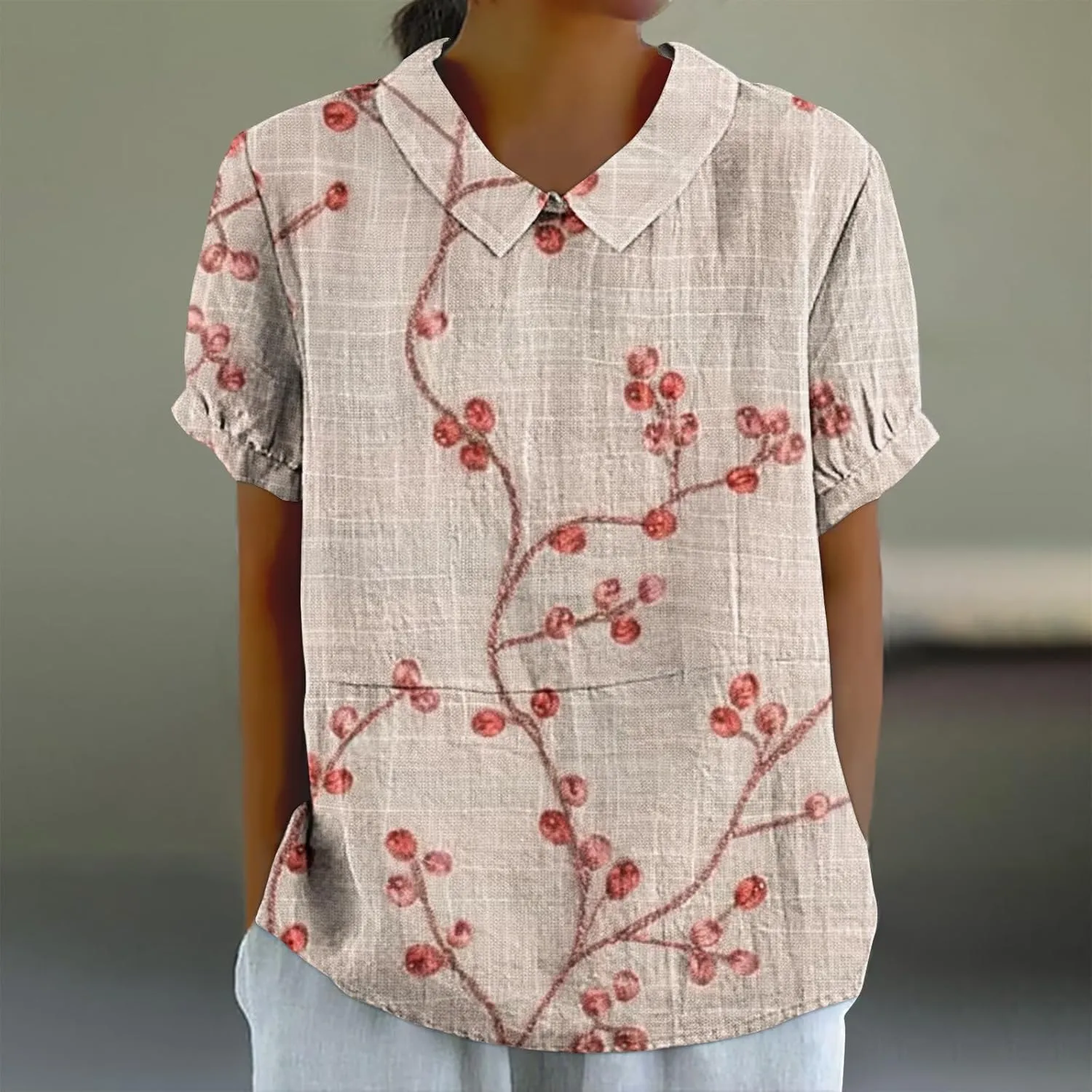 Linen Shirt for Womens Summer Tops Dressy Casual Printed V Neck Blouse Loose Fit Short Sleeve T Shirt Plus Size M-5xl