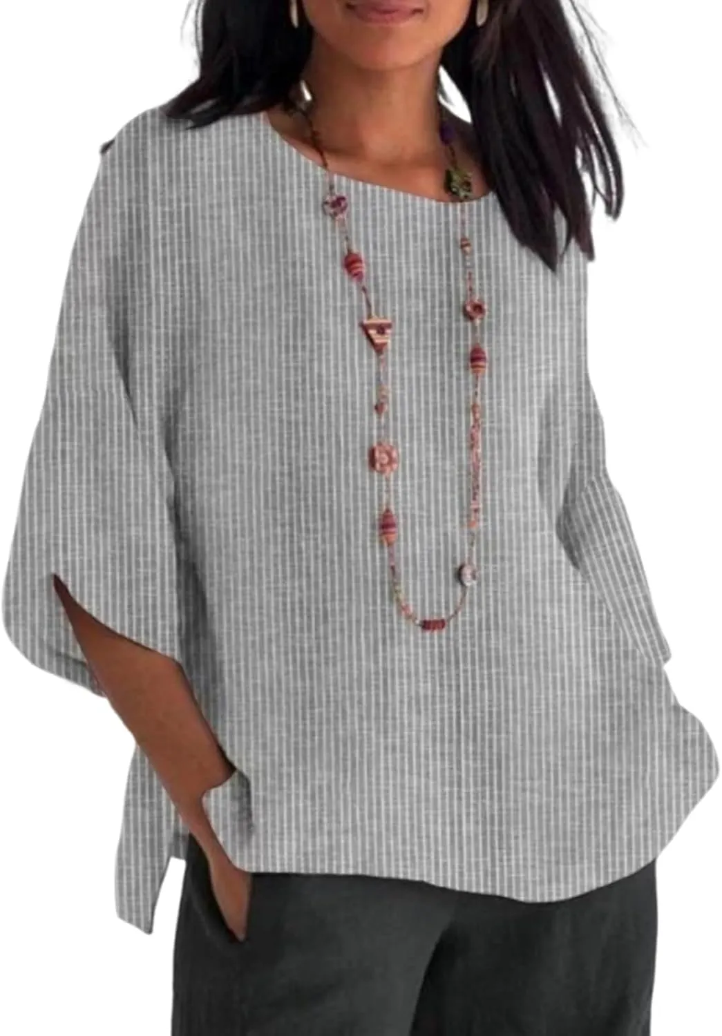 Linen Shirts for Women 2025 Trendy Summer 3/4 Sleeve Tops Dressy Casual Loose Boho Cute Blouses