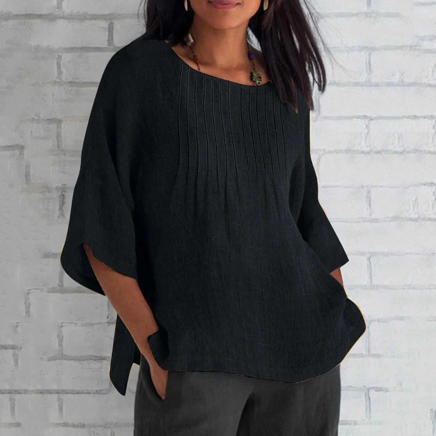 Linen Shirts for Women 2025 Trendy Summer 3/4 Sleeve Tops Dressy Casual Loose Boho Cute Blouses