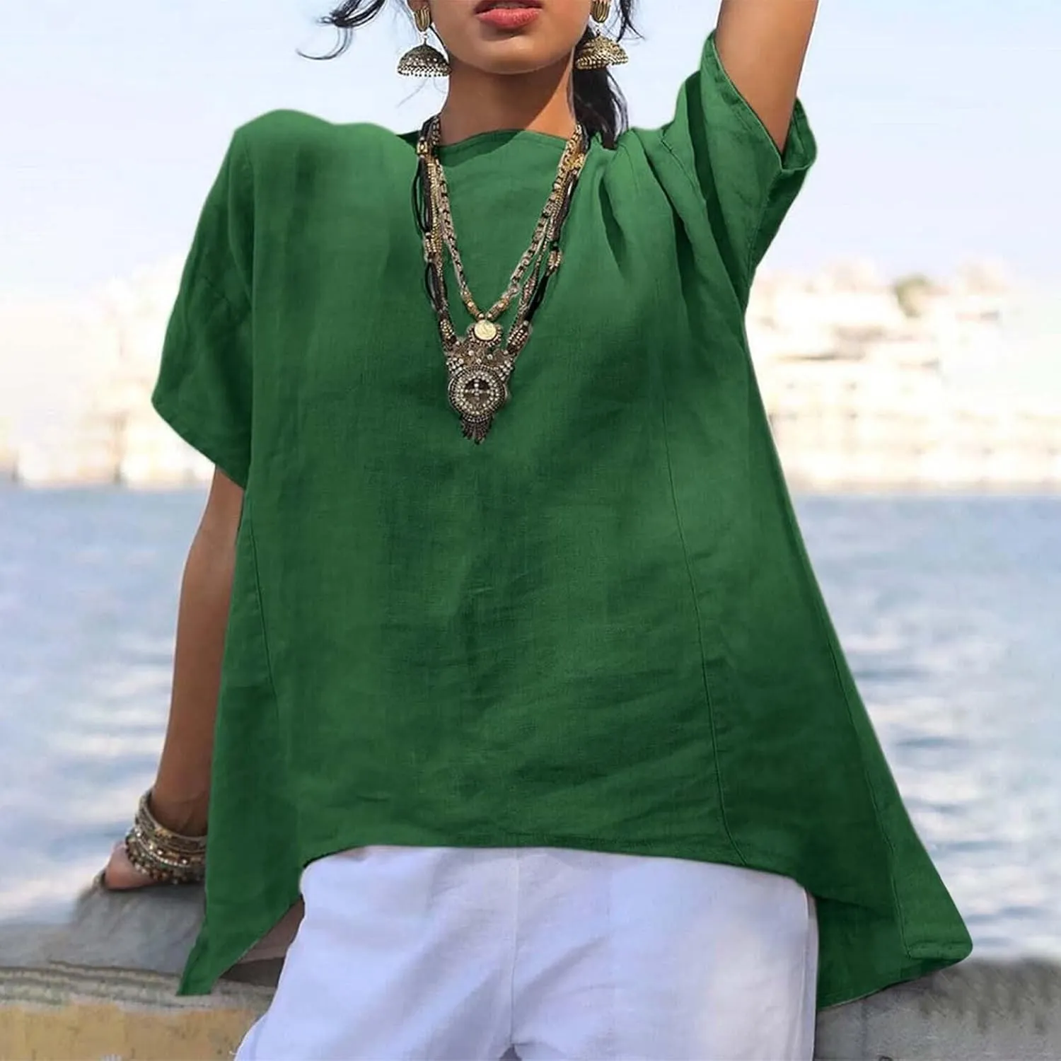 Linen Shirts for Women Summer Short Sleeve Tops Dressy Casual Blouse Irregular Hi-Low Hem Tunic Tees Fashion Clothes
