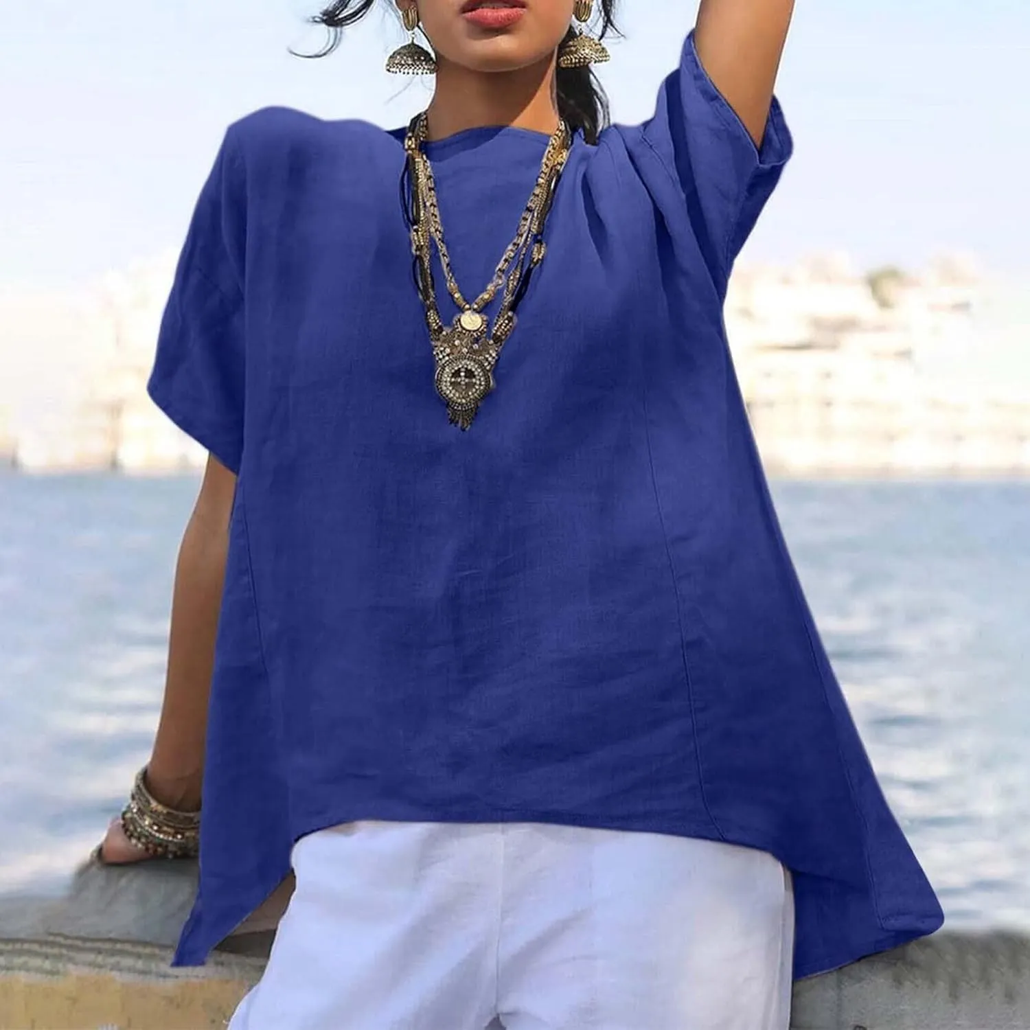 Linen Shirts for Women Summer Short Sleeve Tops Dressy Casual Blouse Irregular Hi-Low Hem Tunic Tees Fashion Clothes
