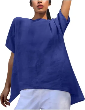 Linen Shirts for Women Summer Short Sleeve Tops Dressy Casual Blouse Irregular Hi-Low Hem Tunic Tees Fashion Clothes