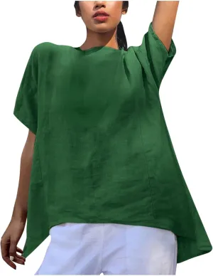 Linen Shirts for Women Summer Short Sleeve Tops Dressy Casual Blouse Irregular Hi-Low Hem Tunic Tees Fashion Clothes
