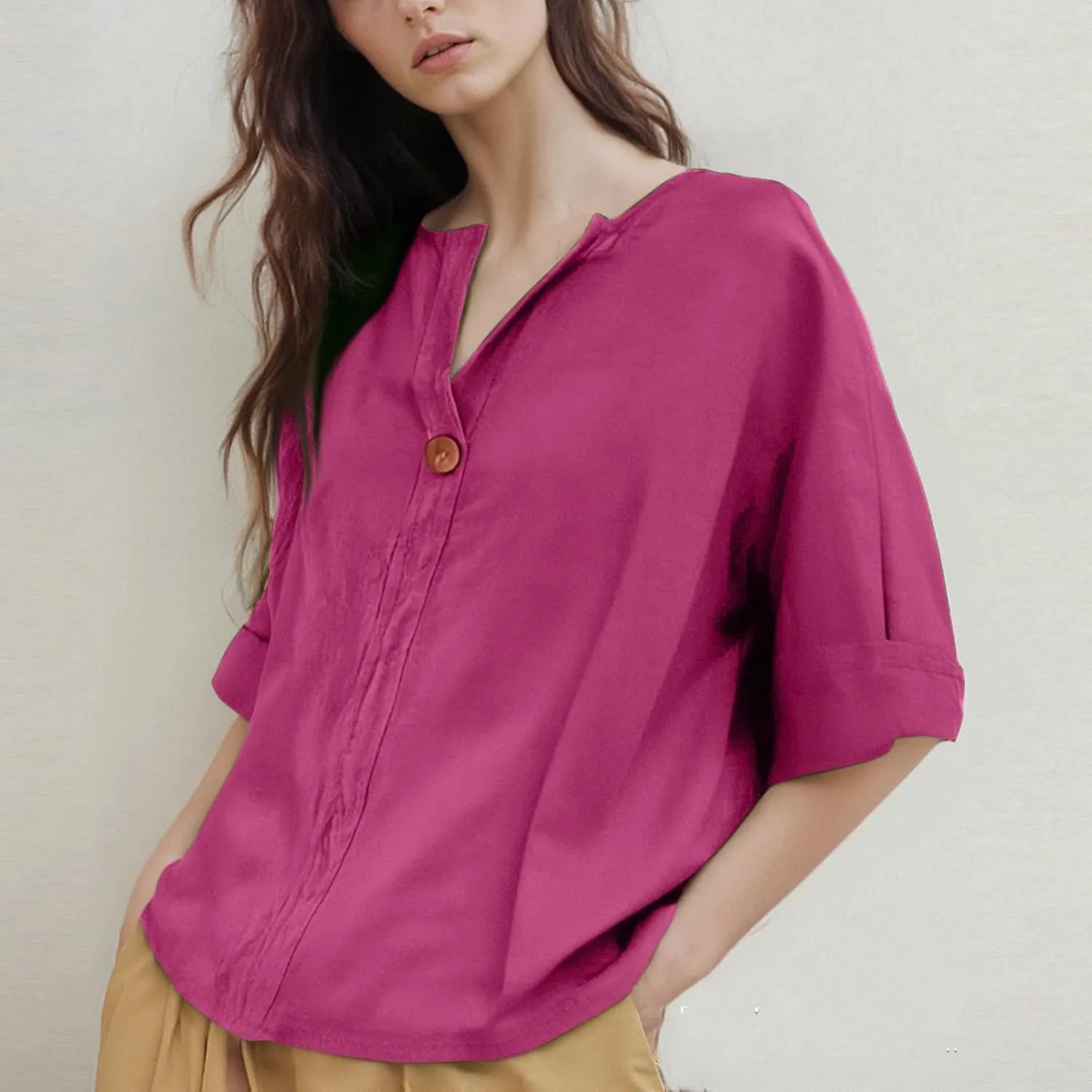 Linen Tops for Women Summer Button V Neck 3/4 Sleeve T Shirts Roll-Up Sleeve Casual Loose Fit Tees Blouses