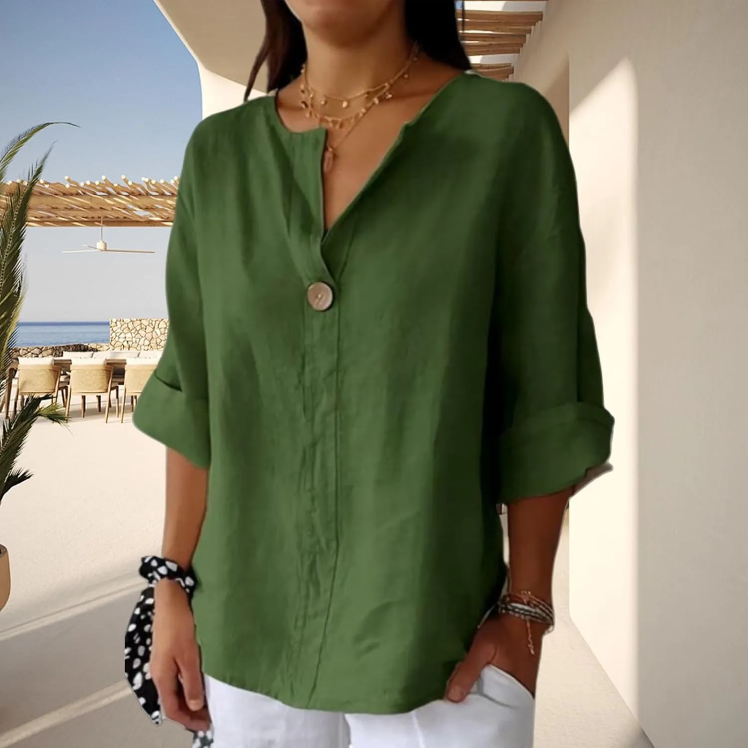 Linen Tops for Women Summer Button V Neck 3/4 Sleeve T Shirts Roll-Up Sleeve Casual Loose Fit Tees Blouses