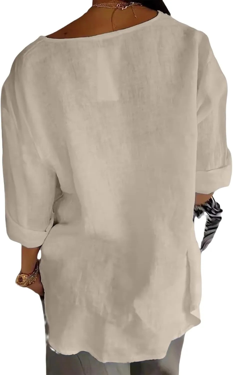 Linen Tops for Women Summer Button V Neck 3/4 Sleeve T Shirts Roll-Up Sleeve Casual Loose Fit Tees Blouses
