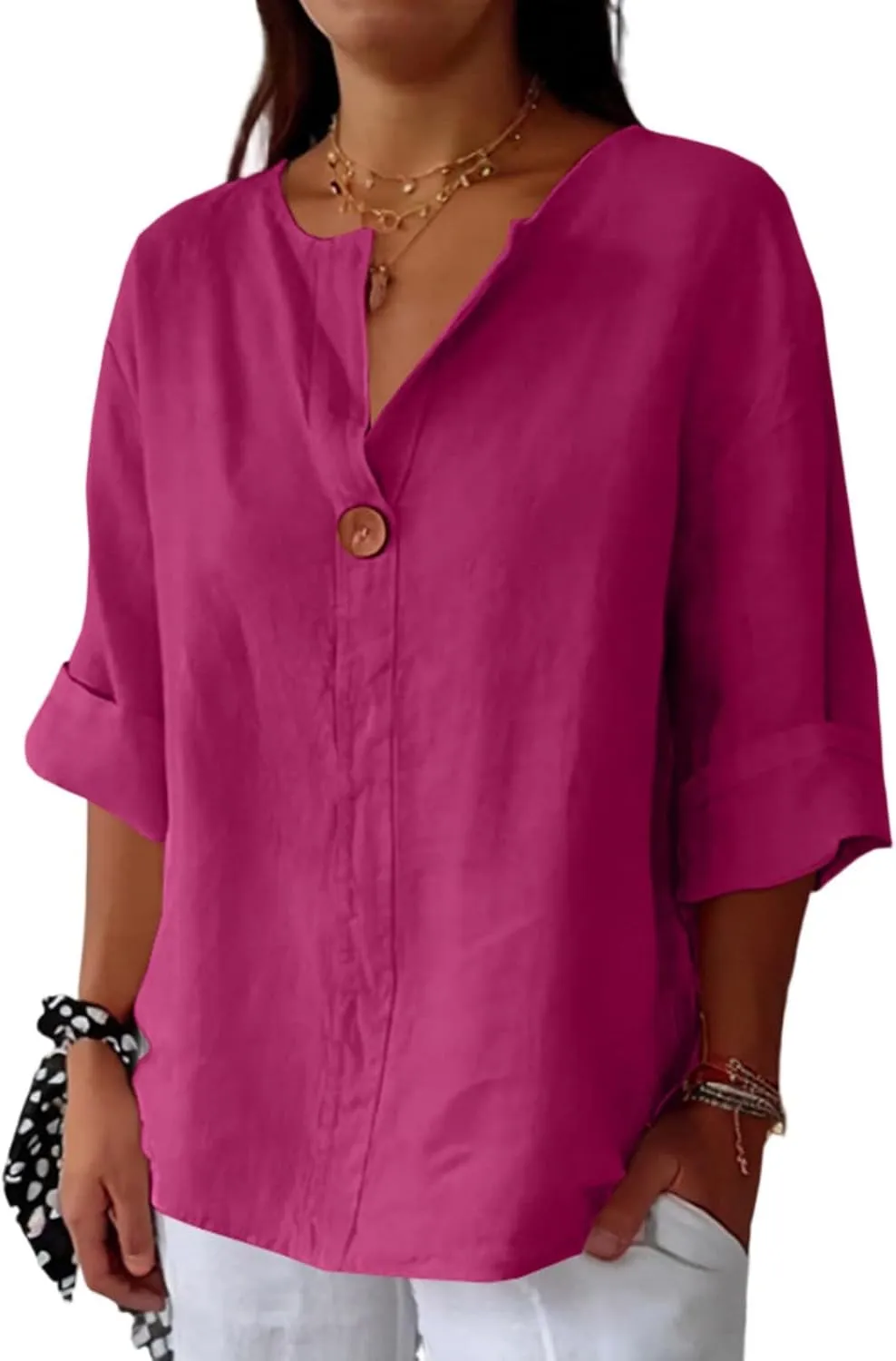 Linen Tops for Women Summer Button V Neck 3/4 Sleeve T Shirts Roll-Up Sleeve Casual Loose Fit Tees Blouses