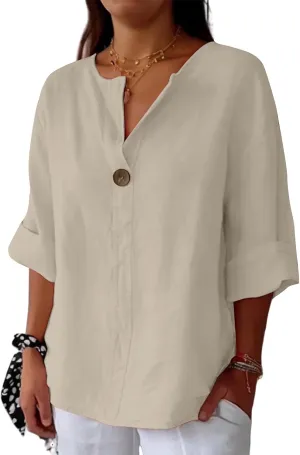Linen Tops for Women Summer Button V Neck 3/4 Sleeve T Shirts Roll-Up Sleeve Casual Loose Fit Tees Blouses
