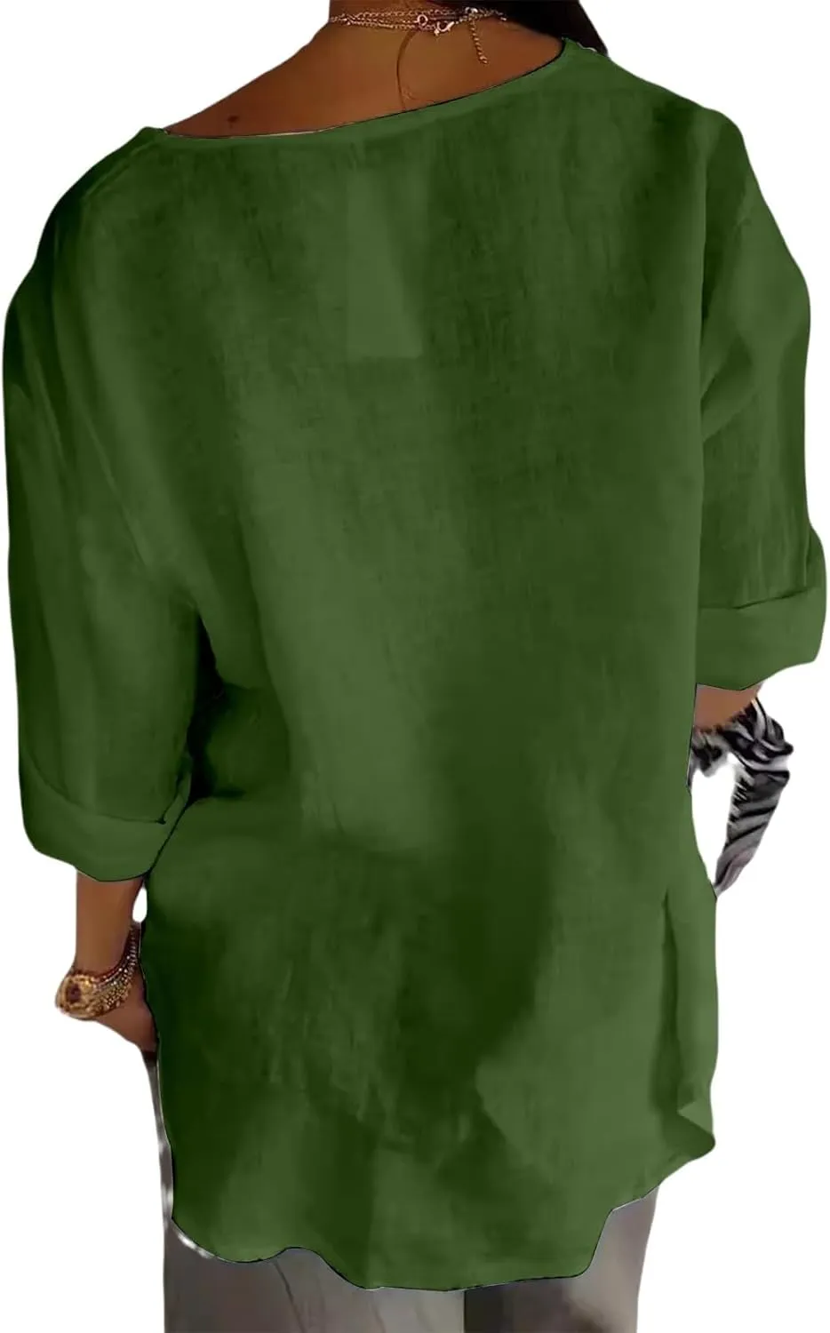 Linen Tops for Women Summer Button V Neck 3/4 Sleeve T Shirts Roll-Up Sleeve Casual Loose Fit Tees Blouses