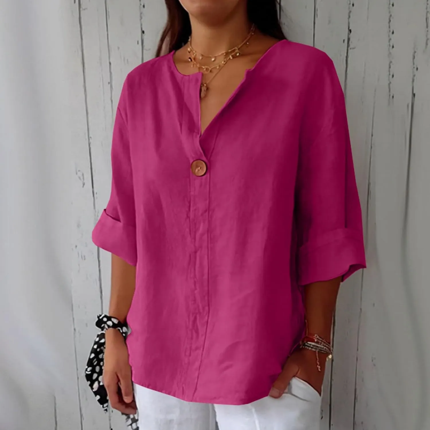 Linen Tops for Women Summer Button V Neck 3/4 Sleeve T Shirts Roll-Up Sleeve Casual Loose Fit Tees Blouses