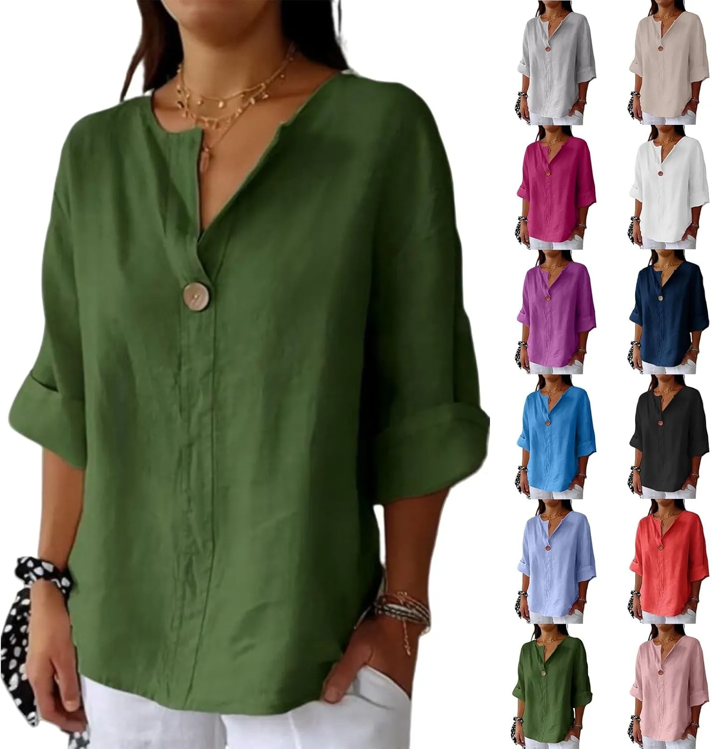 Linen Tops for Women Summer Button V Neck 3/4 Sleeve T Shirts Roll-Up Sleeve Casual Loose Fit Tees Blouses