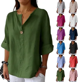 Linen Tops for Women Summer Button V Neck 3/4 Sleeve T Shirts Roll-Up Sleeve Casual Loose Fit Tees Blouses
