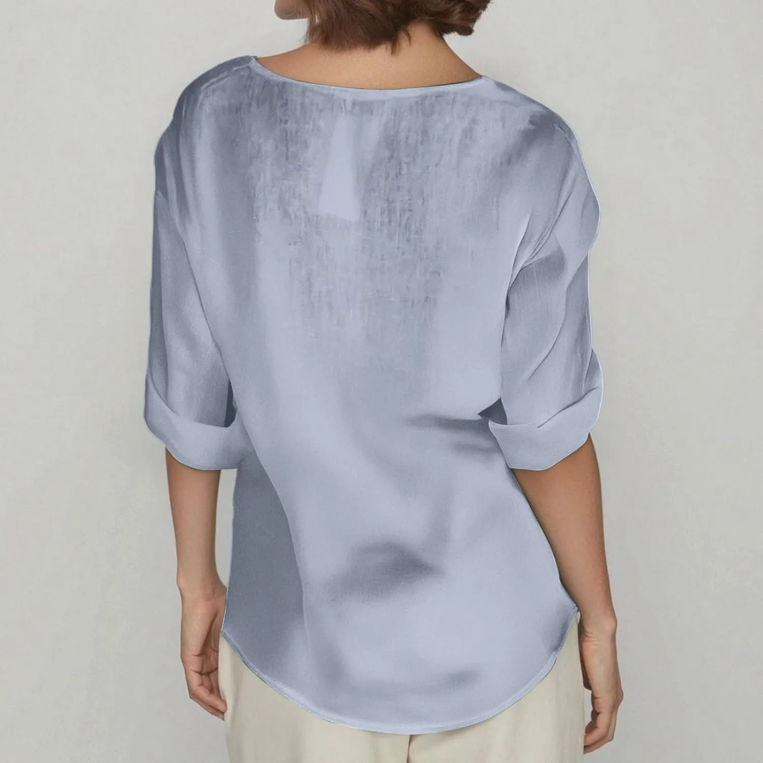 Linen Tops for Women Summer Button V Neck 3/4 Sleeve T Shirts Roll-Up Sleeve Casual Loose Fit Tees Blouses