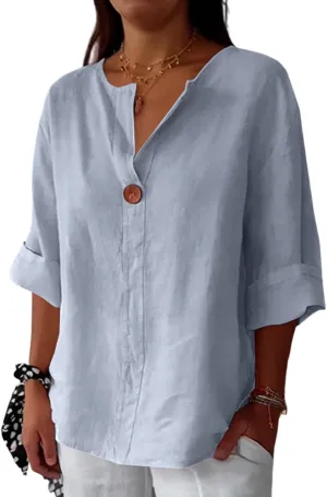 Linen Tops for Women Summer Button V Neck 3/4 Sleeve T Shirts Roll-Up Sleeve Casual Loose Fit Tees Blouses