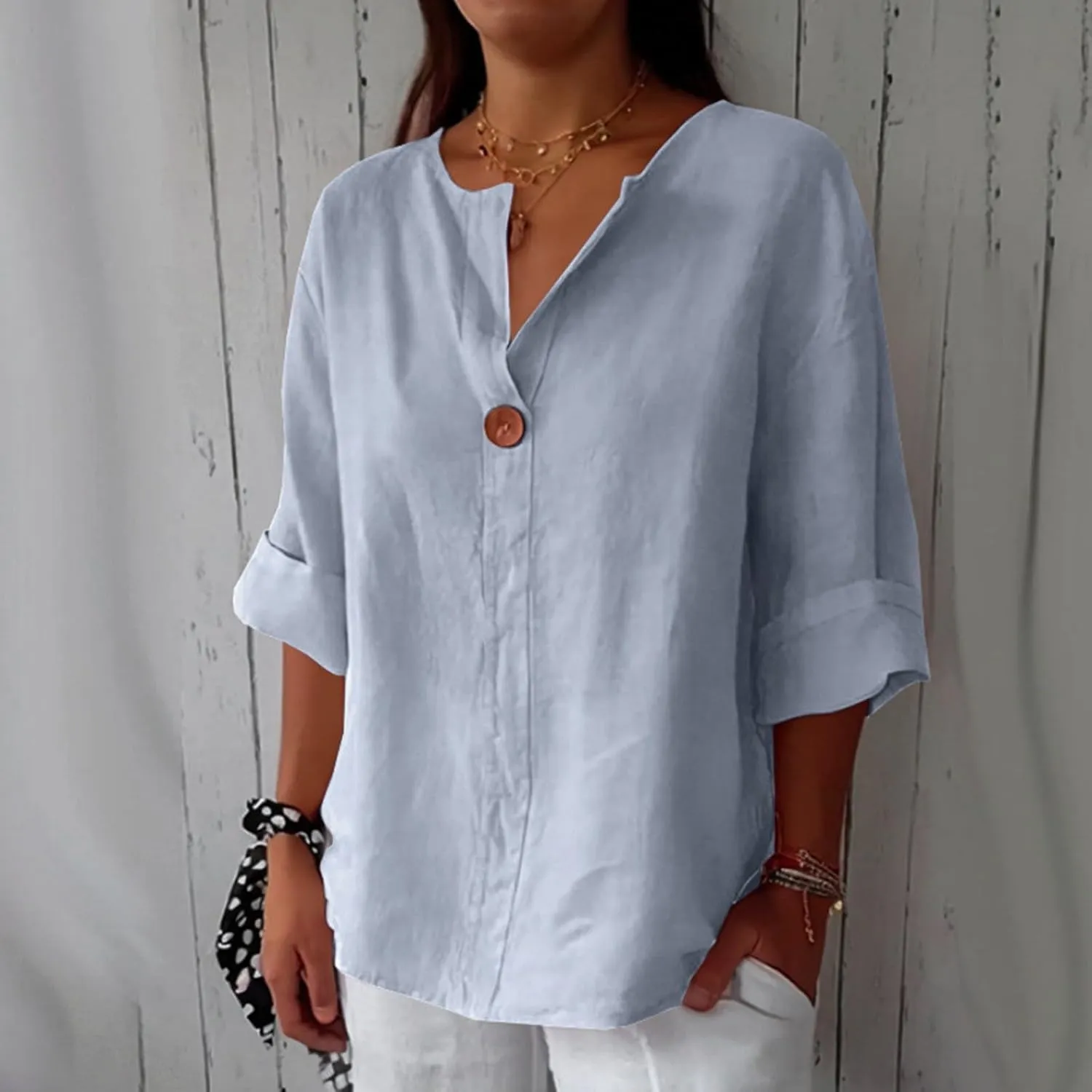 Linen Tops for Women Summer Button V Neck 3/4 Sleeve T Shirts Roll-Up Sleeve Casual Loose Fit Tees Blouses