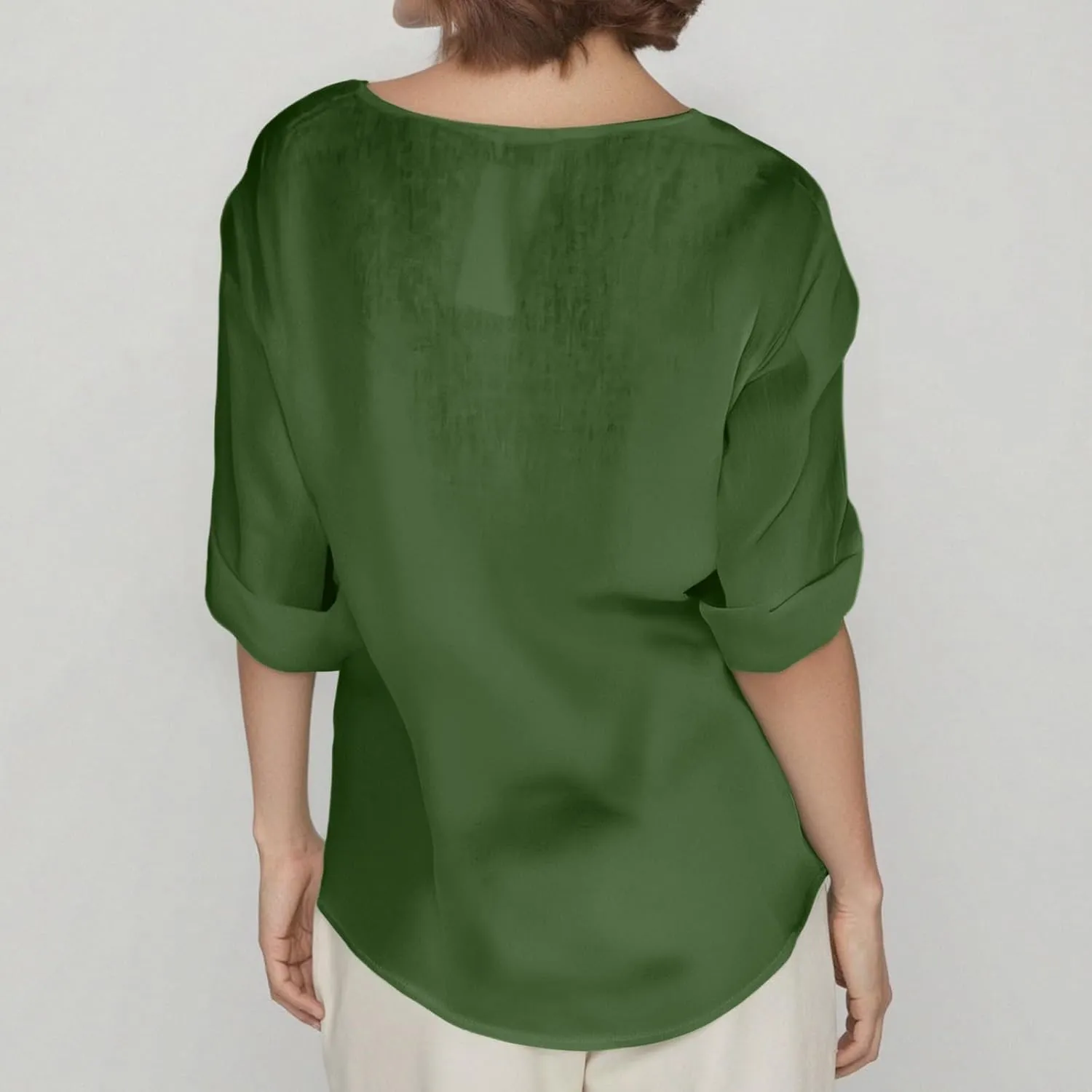 Linen Tops for Women Summer Button V Neck 3/4 Sleeve T Shirts Roll-Up Sleeve Casual Loose Fit Tees Blouses