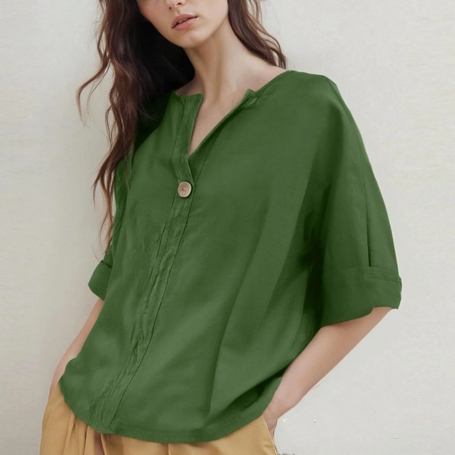 Linen Tops for Women Summer Button V Neck 3/4 Sleeve T Shirts Roll-Up Sleeve Casual Loose Fit Tees Blouses