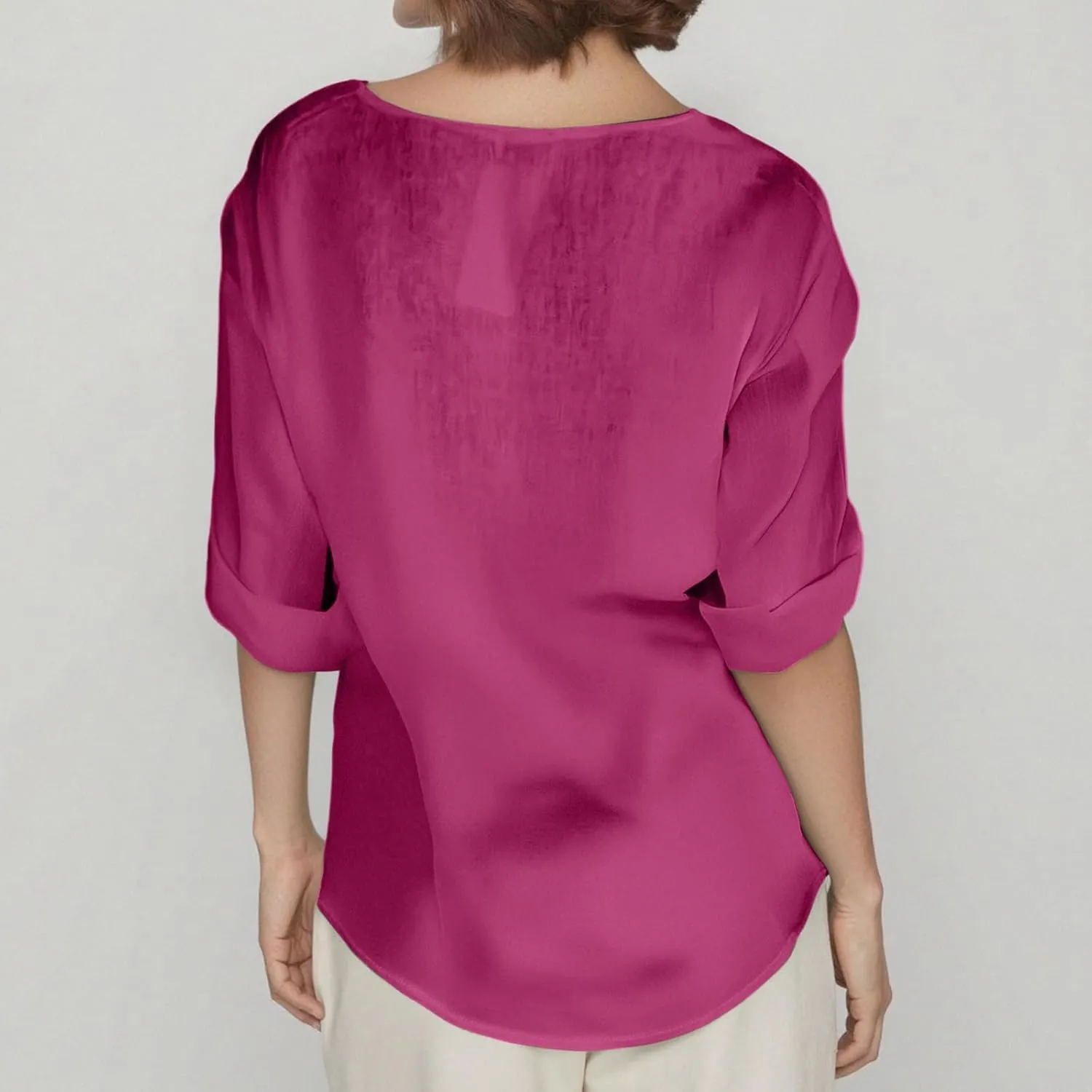 Linen Tops for Women Summer Button V Neck 3/4 Sleeve T Shirts Roll-Up Sleeve Casual Loose Fit Tees Blouses