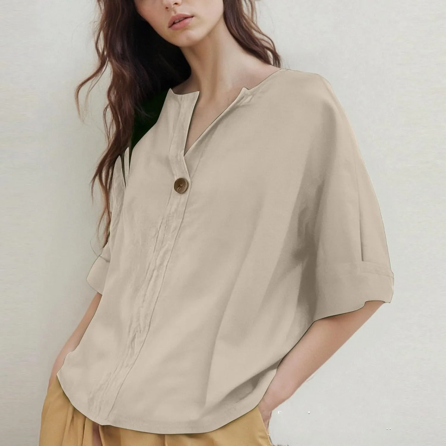 Linen Tops for Women Summer Button V Neck 3/4 Sleeve T Shirts Roll-Up Sleeve Casual Loose Fit Tees Blouses