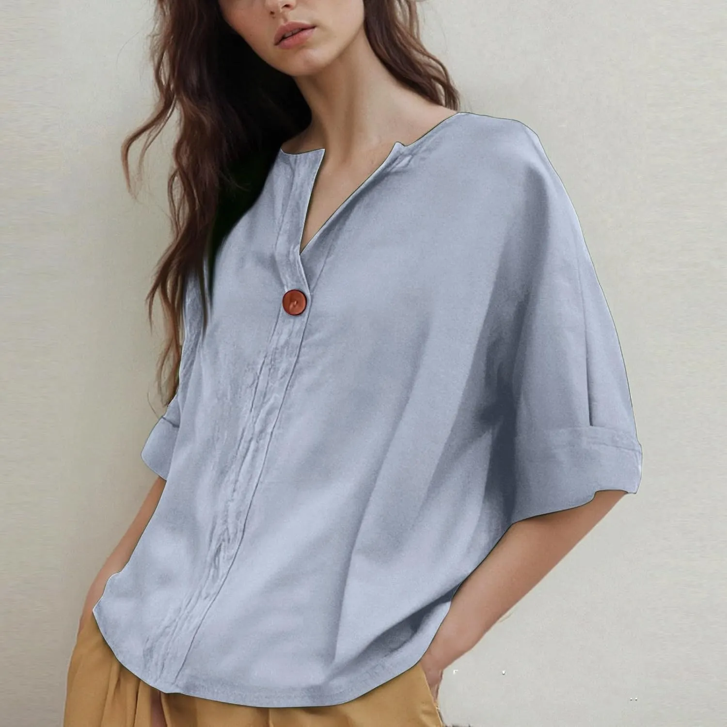 Linen Tops for Women Summer Button V Neck 3/4 Sleeve T Shirts Roll-Up Sleeve Casual Loose Fit Tees Blouses