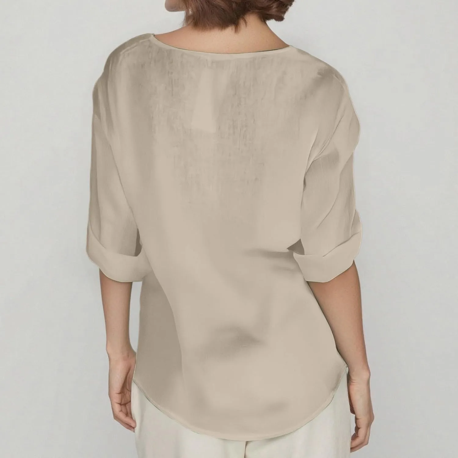Linen Tops for Women Summer Button V Neck 3/4 Sleeve T Shirts Roll-Up Sleeve Casual Loose Fit Tees Blouses