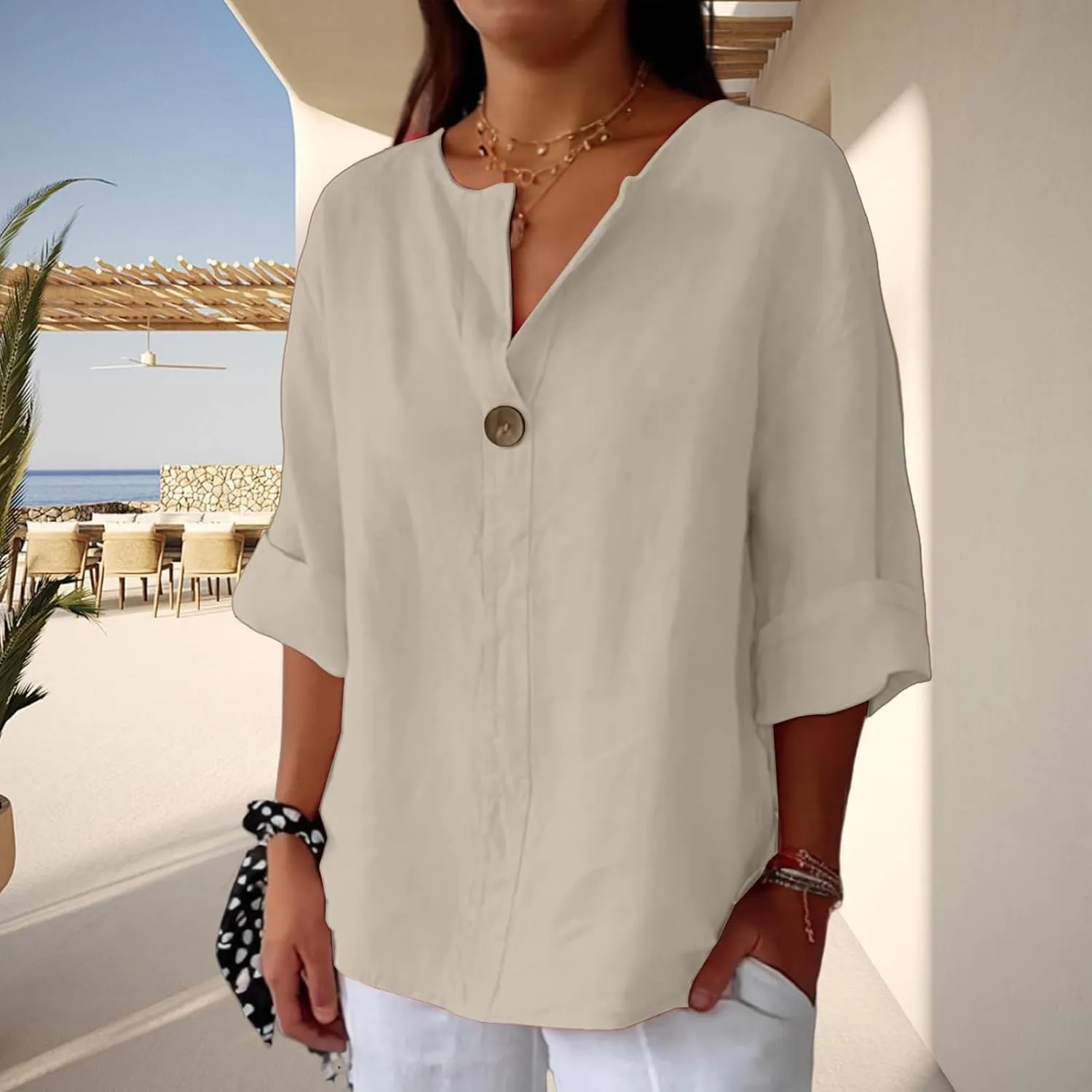 Linen Tops for Women Summer Button V Neck 3/4 Sleeve T Shirts Roll-Up Sleeve Casual Loose Fit Tees Blouses