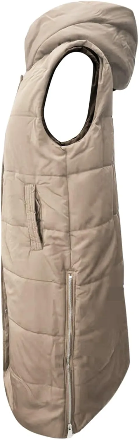 Long Puffer Vest for Women Lightweight Zip Up Sleeveless Quilted Padded Jacket Hoodies Solid Winter Warm Coat Pockets
