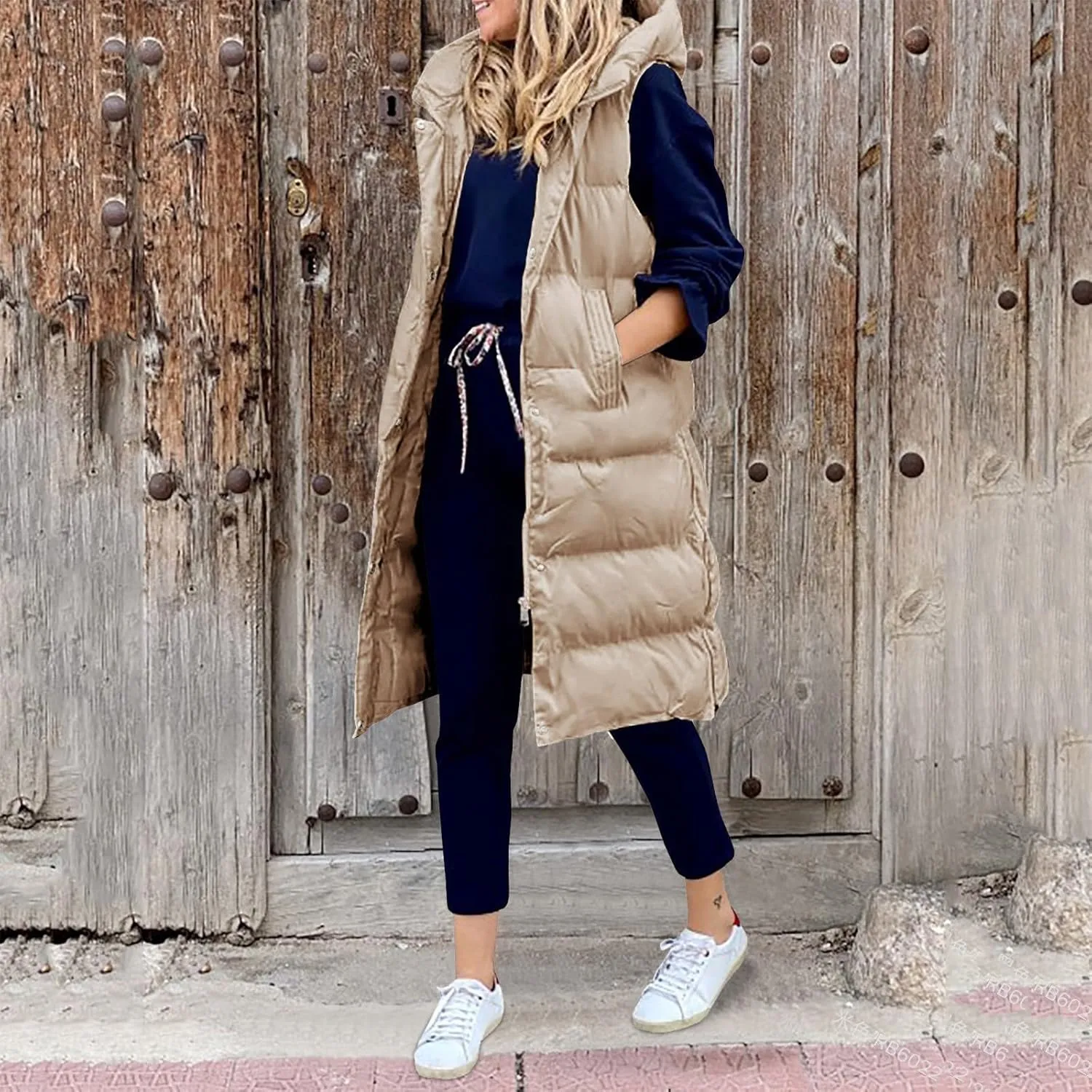 Long Puffer Vest for Women Lightweight Zip Up Sleeveless Quilted Padded Jacket Hoodies Solid Winter Warm Coat Pockets