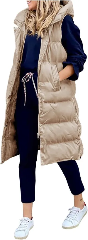 Long Puffer Vest for Women Lightweight Zip Up Sleeveless Quilted Padded Jacket Hoodies Solid Winter Warm Coat Pockets