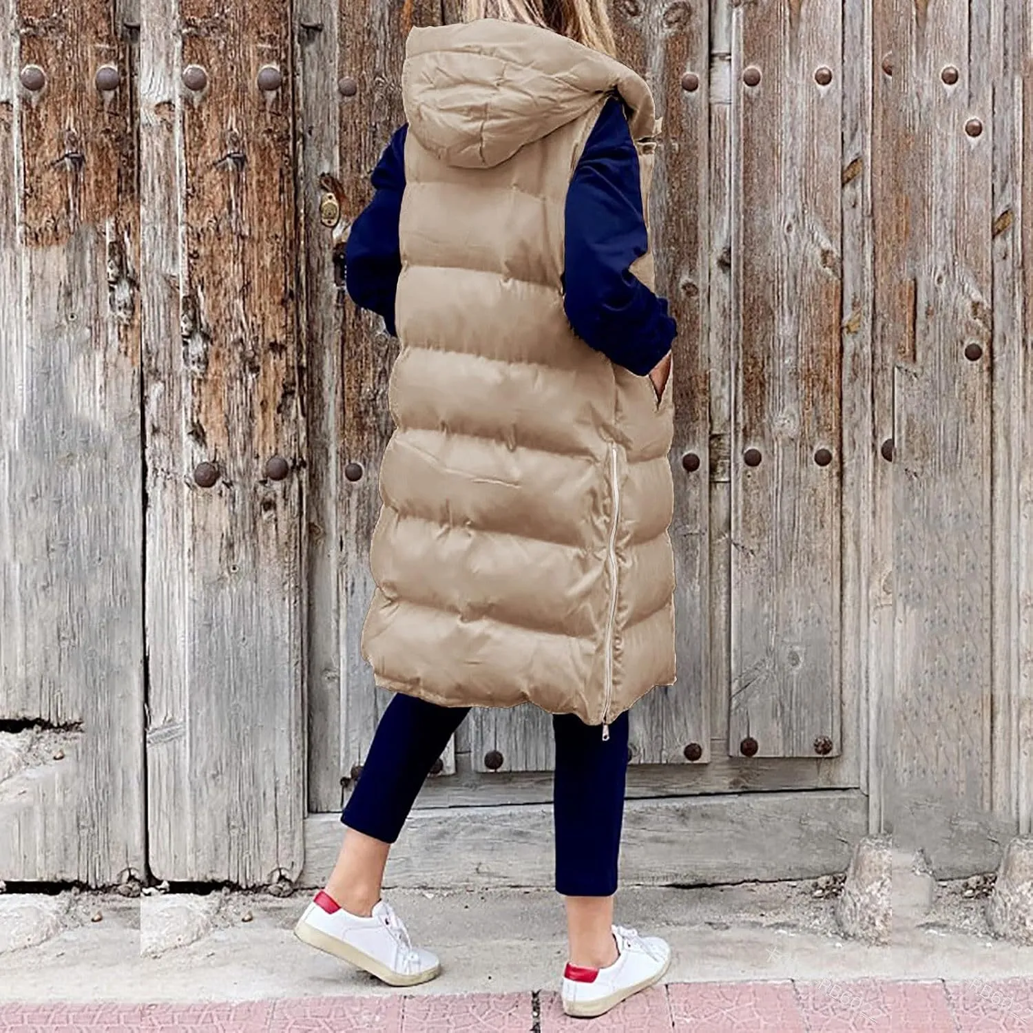 Long Puffer Vest for Women Lightweight Zip Up Sleeveless Quilted Padded Jacket Hoodies Solid Winter Warm Coat Pockets