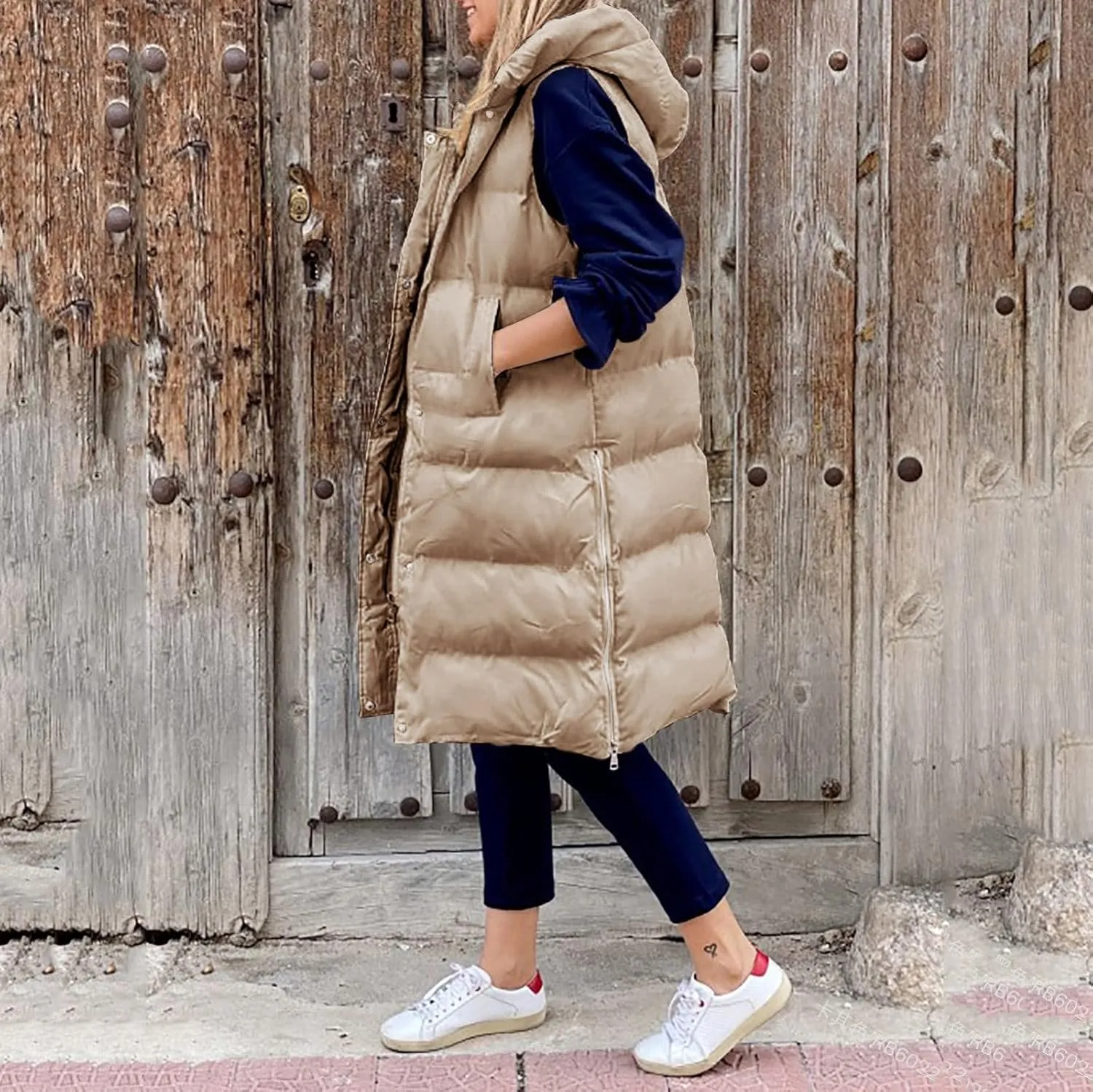 Long Puffer Vest for Women Lightweight Zip Up Sleeveless Quilted Padded Jacket Hoodies Solid Winter Warm Coat Pockets
