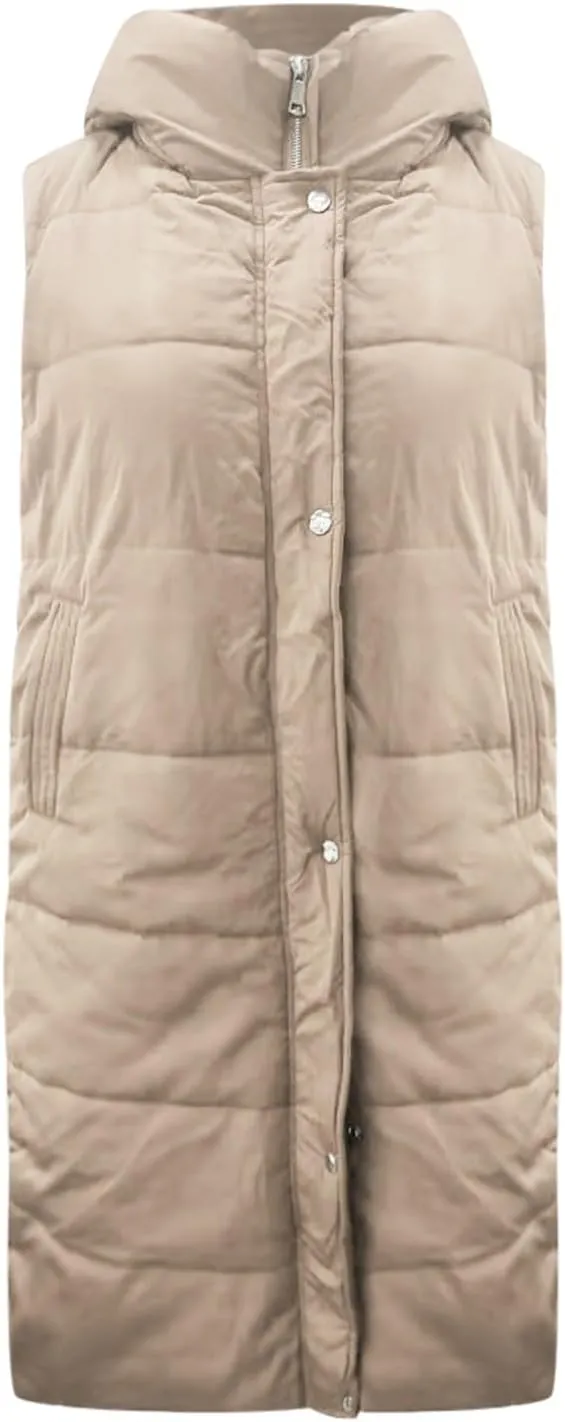 Long Puffer Vest for Women Lightweight Zip Up Sleeveless Quilted Padded Jacket Hoodies Solid Winter Warm Coat Pockets