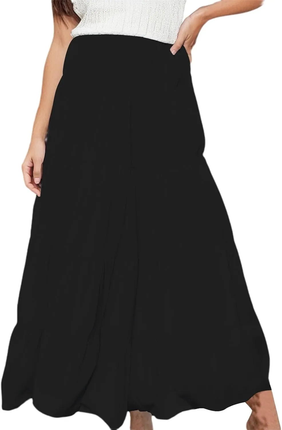 Long Skirts for Women Boho Maxi Skirt Summer Swing Tiered A-Line Elastic High Waist Dress with Pockets