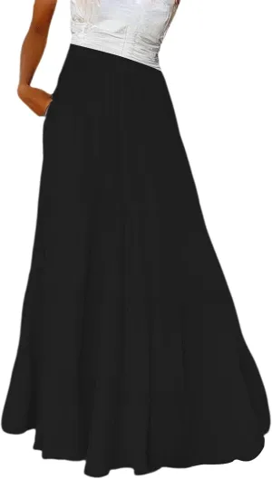 Long Skirts for Women Boho Maxi Skirt Summer Swing Tiered A-Line Elastic High Waist Dress with Pockets