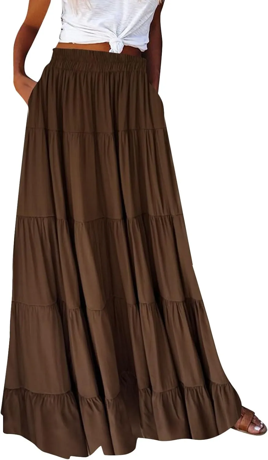 Long Skirts for Women Boho Maxi Skirt Summer Swing Tiered A-Line Elastic High Waist Dress with Pockets