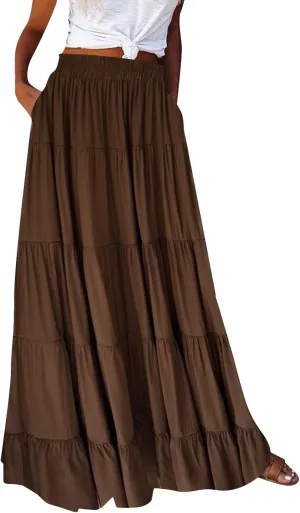 Long Skirts for Women Boho Maxi Skirt Summer Swing Tiered A-Line Elastic High Waist Dress with Pockets