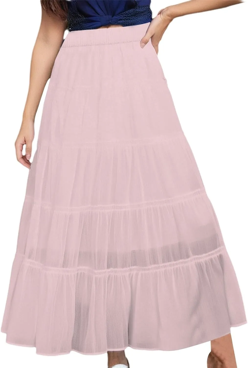 Long Skirts for Women Boho Maxi Skirt Summer Swing Tiered A-Line Elastic High Waist Dress with Pockets
