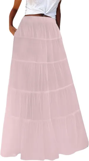 Long Skirts for Women Boho Maxi Skirt Summer Swing Tiered A-Line Elastic High Waist Dress with Pockets