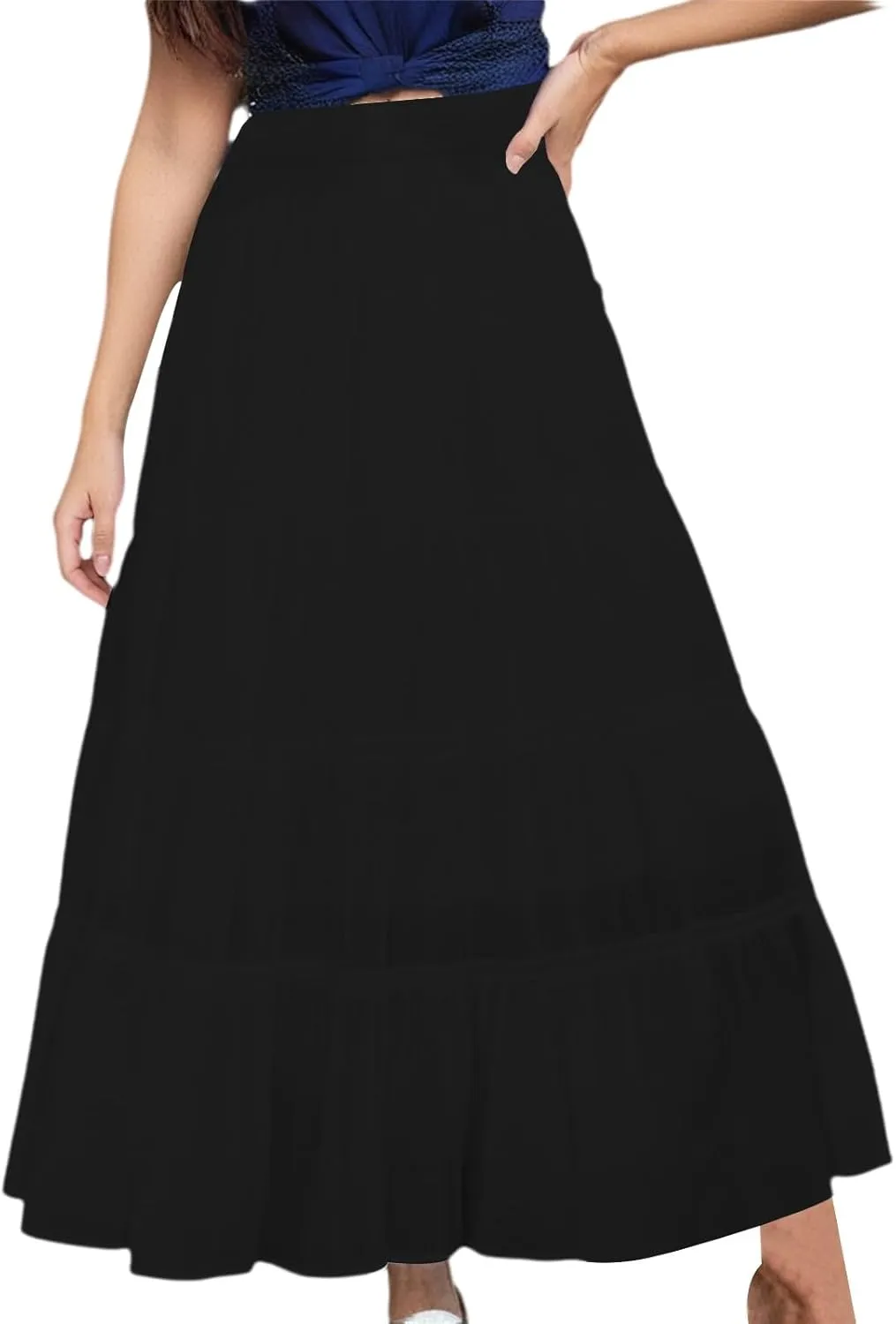 Long Skirts for Women Boho Maxi Skirt Summer Swing Tiered A-Line Elastic High Waist Dress with Pockets