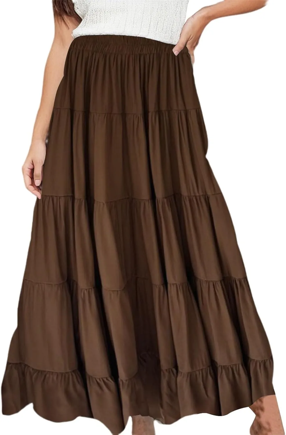 Long Skirts for Women Boho Maxi Skirt Summer Swing Tiered A-Line Elastic High Waist Dress with Pockets