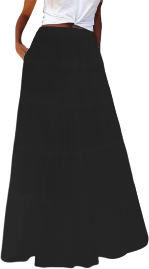 Long Skirts for Women Boho Maxi Skirt Summer Swing Tiered A-Line Elastic High Waist Dress with Pockets