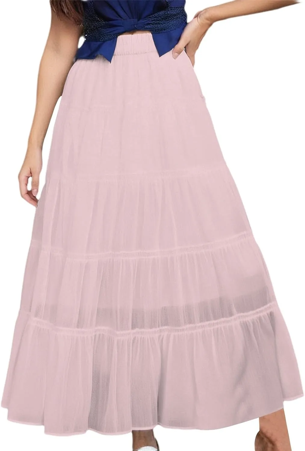 Long Skirts for Women Boho Maxi Skirt Summer Swing Tiered A-Line Elastic High Waist Dress with Pockets