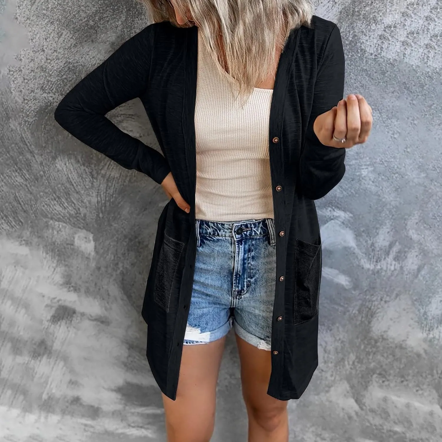Long Sleeve Cardigan for Women Fall Open Front Kimono Sweatshrits with Pockets Soft Casual Losoe Outwear Shirts
