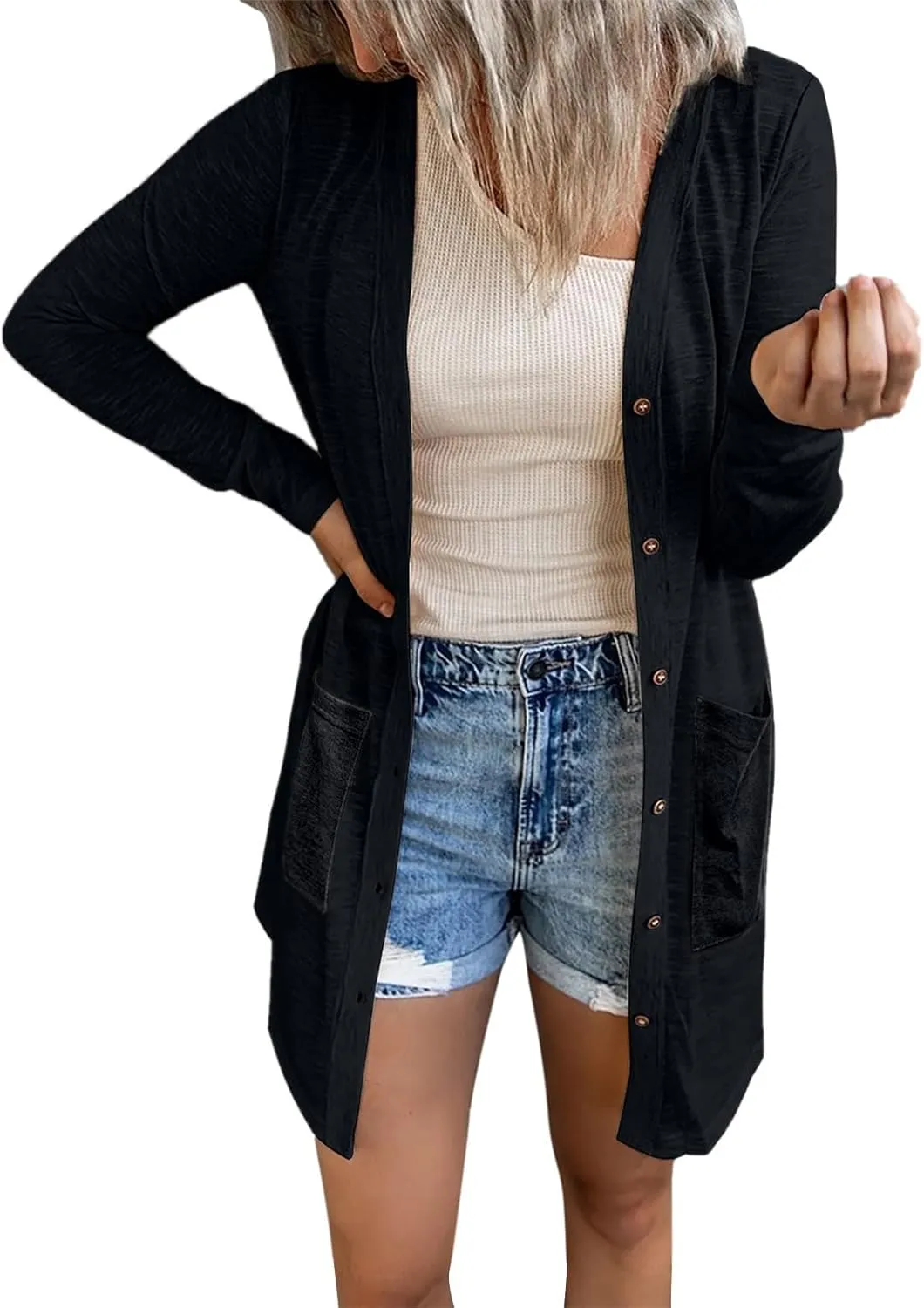 Long Sleeve Cardigan for Women Fall Open Front Kimono Sweatshrits with Pockets Soft Casual Losoe Outwear Shirts