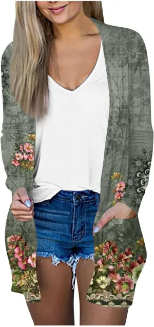 Long Sleeve Cardigan for Women Plus Size Open Front Kimono Cardigan with Pockets Elastic Loose Fit Tunic Shirts
