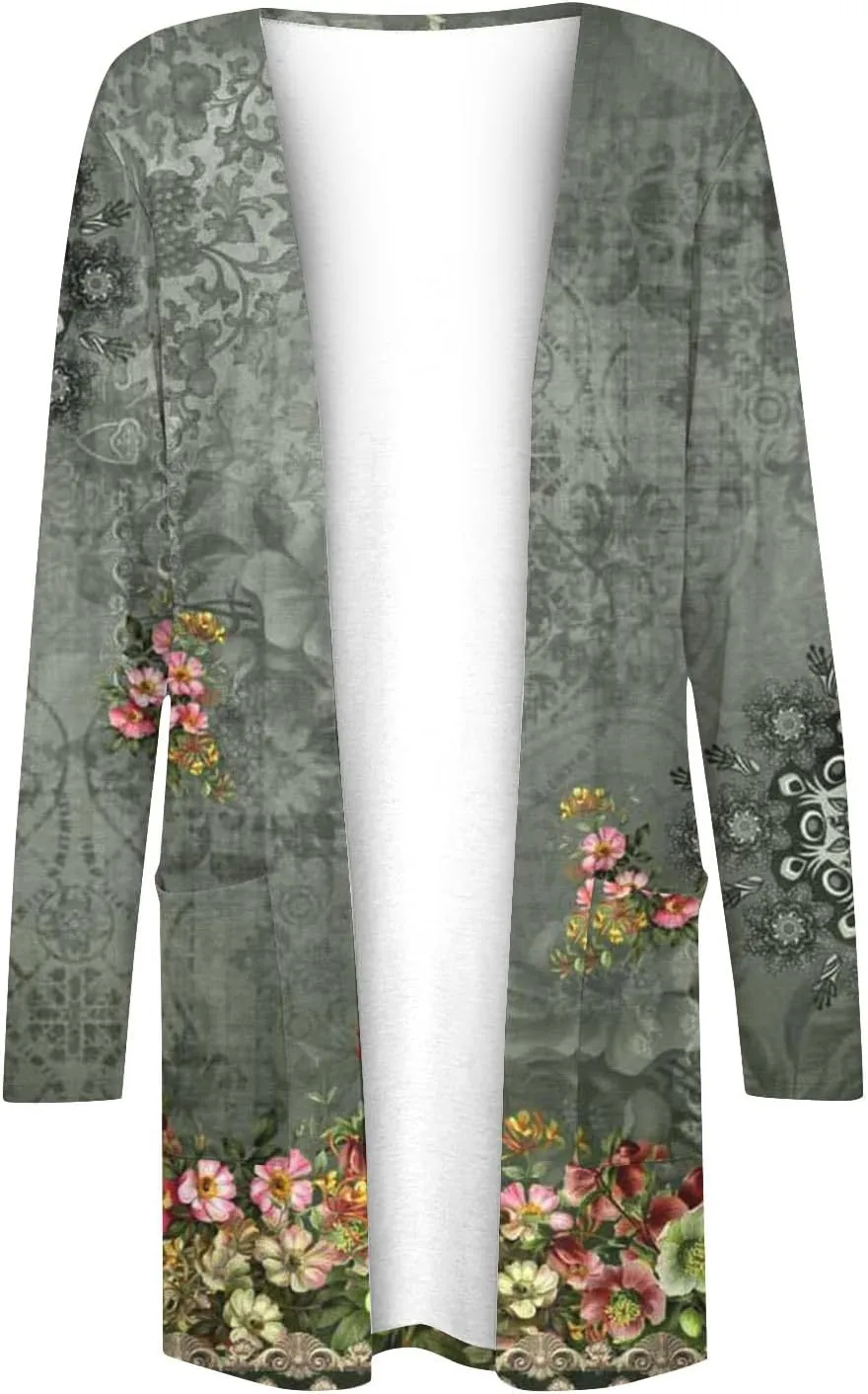 Long Sleeve Cardigan for Women Plus Size Open Front Kimono Cardigan with Pockets Elastic Loose Fit Tunic Shirts
