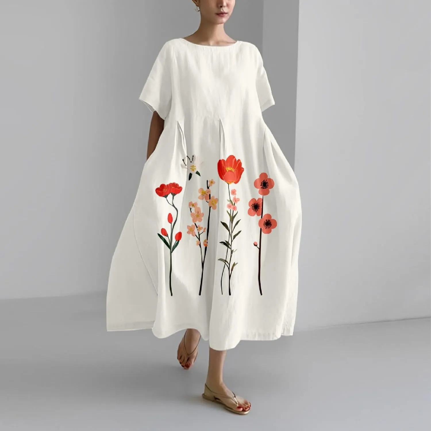 MARSVOVO Boho Maxi Dress for Women Plus Size Flowy Japanese Floral Print Casual Dresses