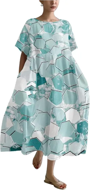 MARSVOVO Boho Maxi Dress for Women Plus Size Flowy Japanese Floral Print Casual Dresses
