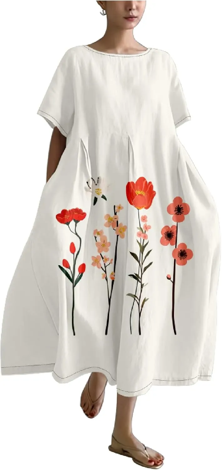 MARSVOVO Boho Maxi Dress for Women Plus Size Flowy Japanese Floral Print Casual Dresses